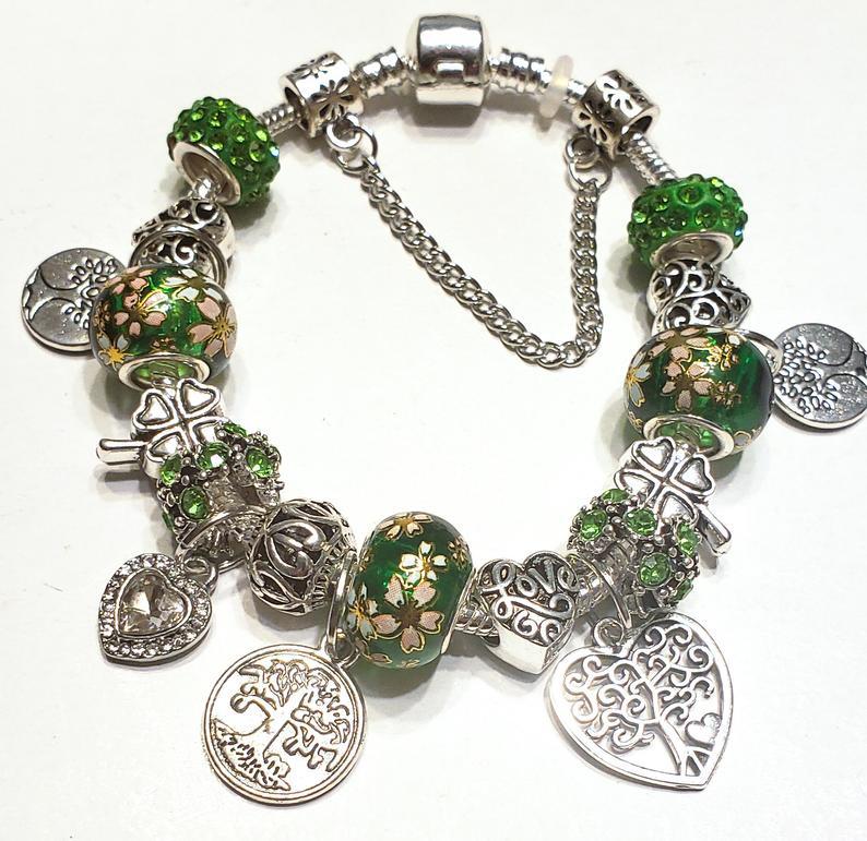 Tree of Life Green and Silver Charm Bracelet
