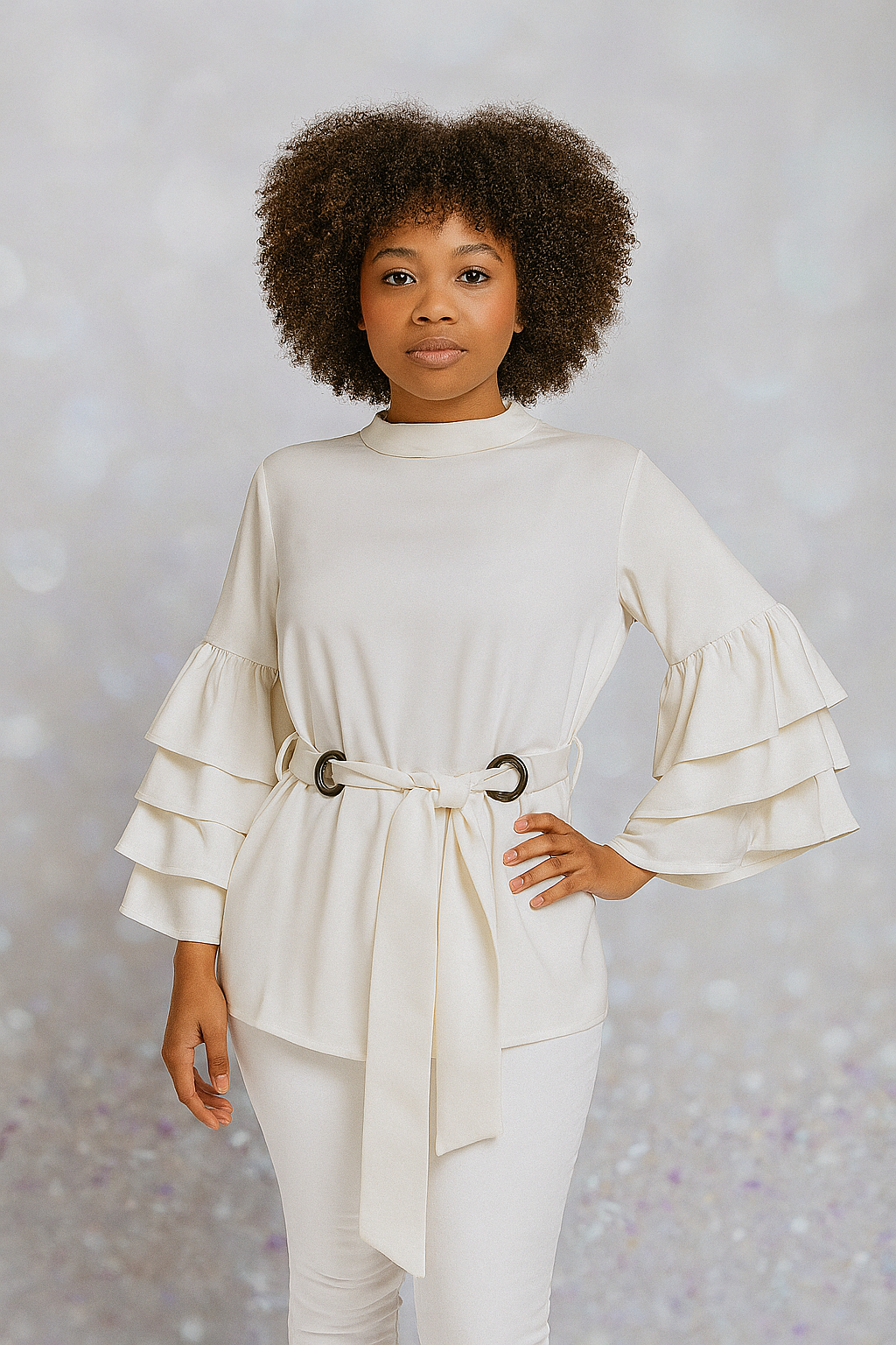 Asymmetrical Tie Front 3 Layers Bell Blouse  (Cream)