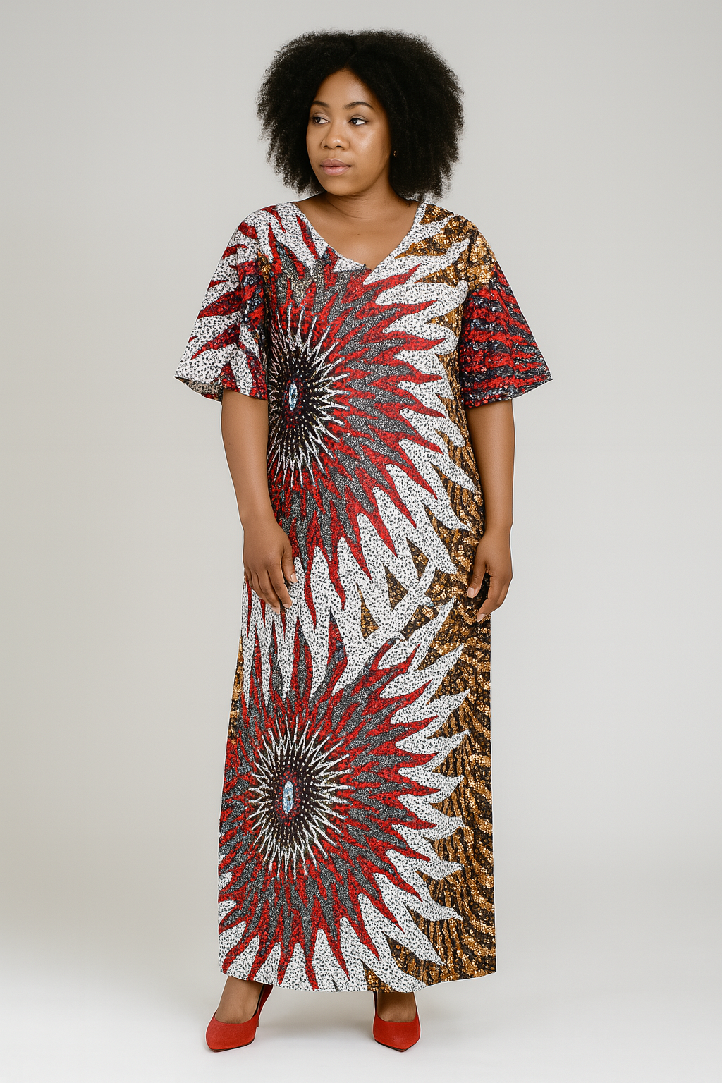 African Print Kaftan (Wine/White/Brown)