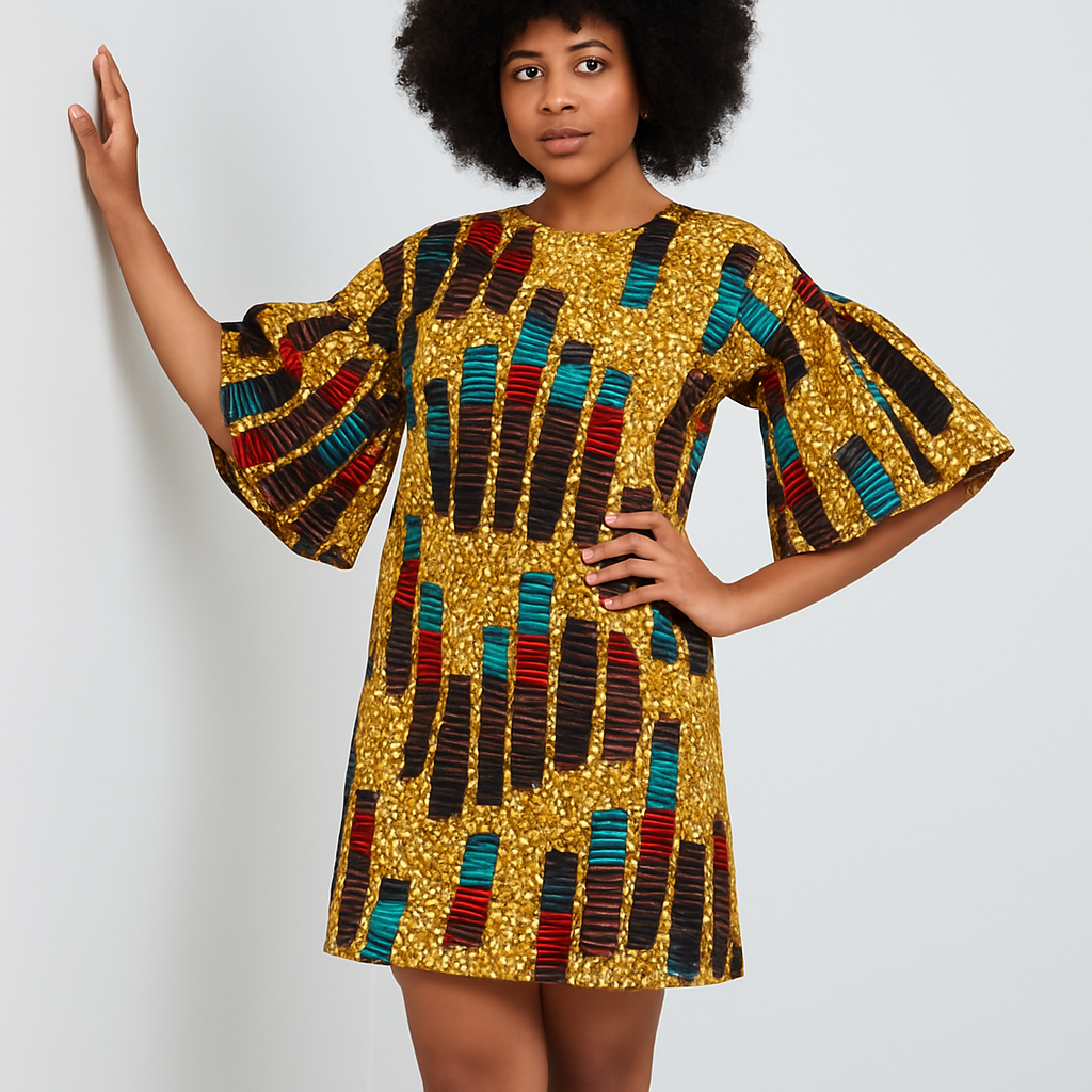 Eniola bell sleeves shift dress( Gold/Wine)