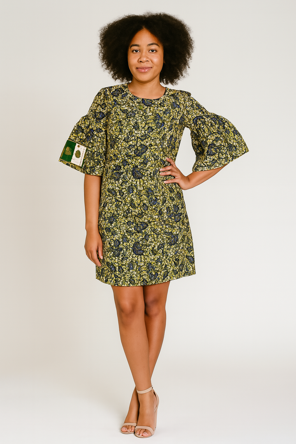 Eniola bell sleeves shift dress (Green/White)