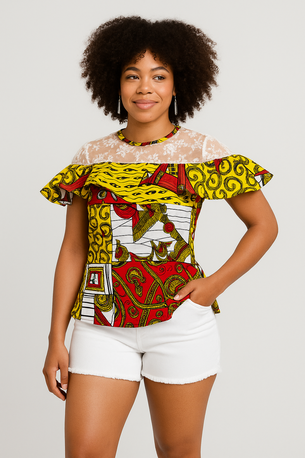 Marvy mock-neck lace ruffle blouse ( Red/White/Yellow)