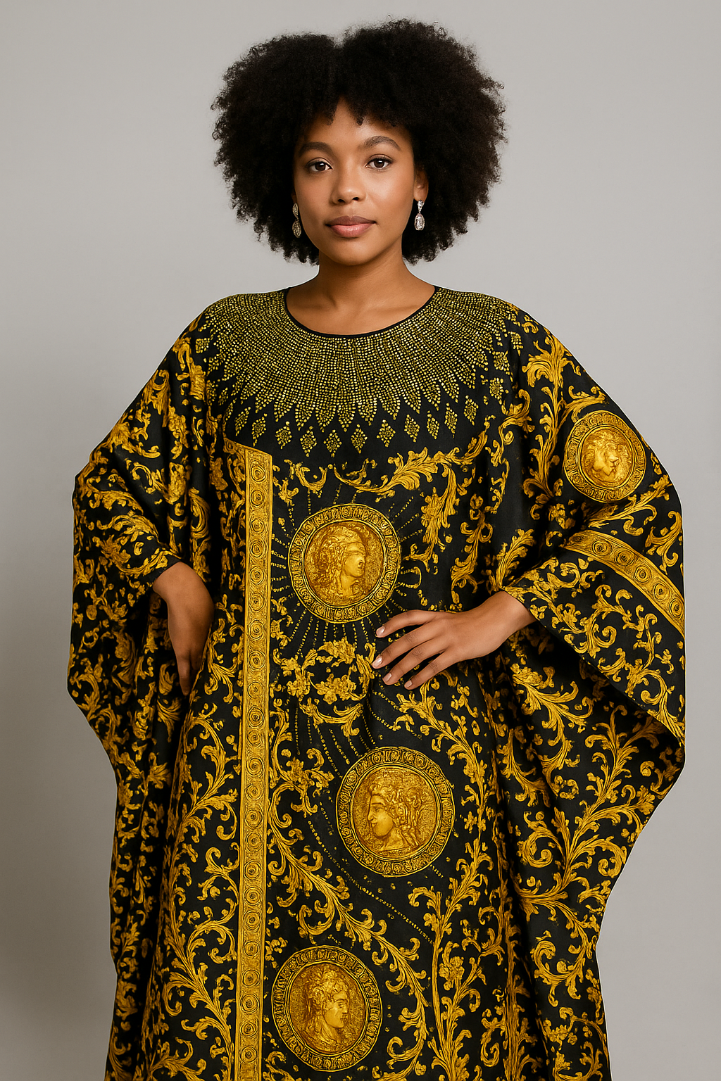 Elegant Arabian Print Caftan with Swarovski Stones