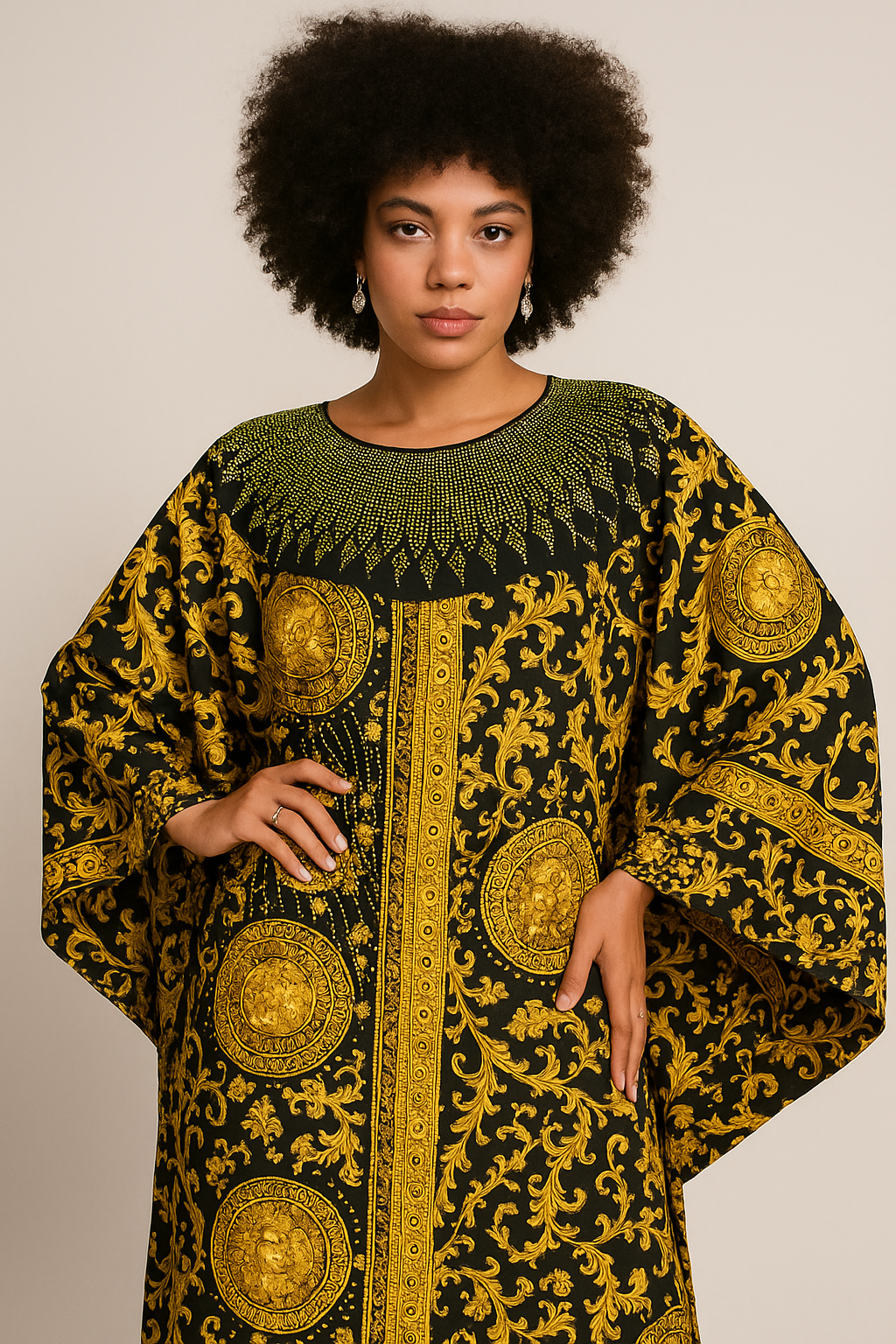 Elegant Arabian Print Caftan with Swarovski Stones