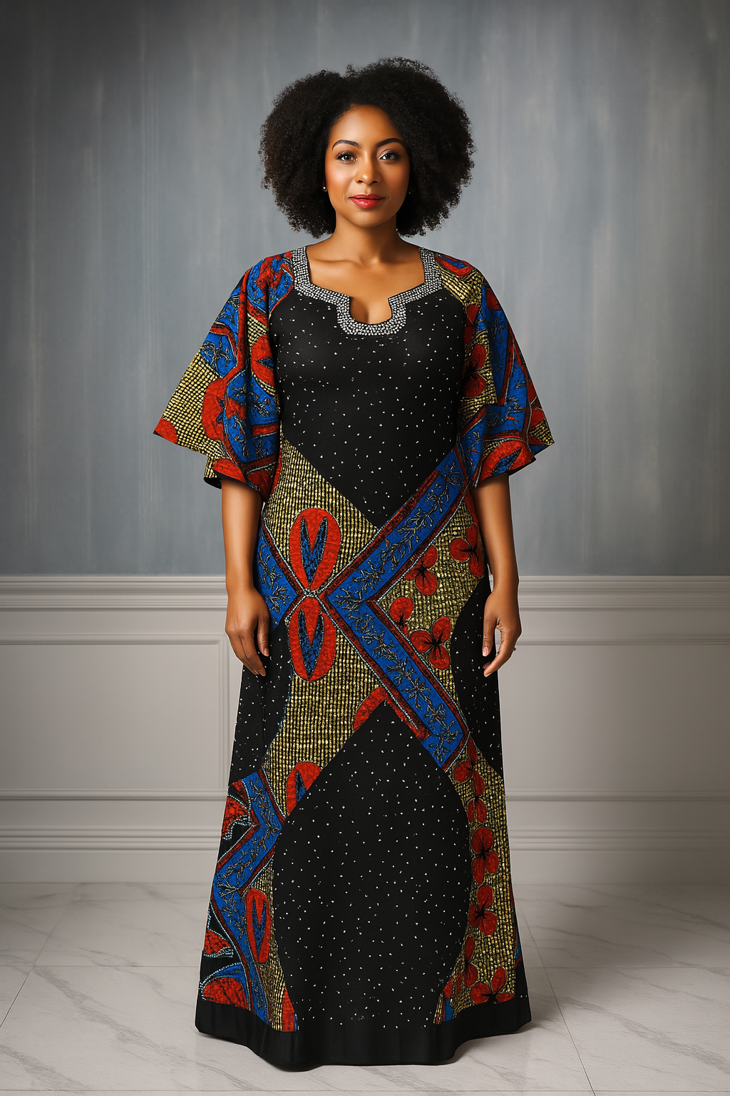 Fully Stoned Dry Lace Ankara Kaftan/Boubou Gown ( Black)