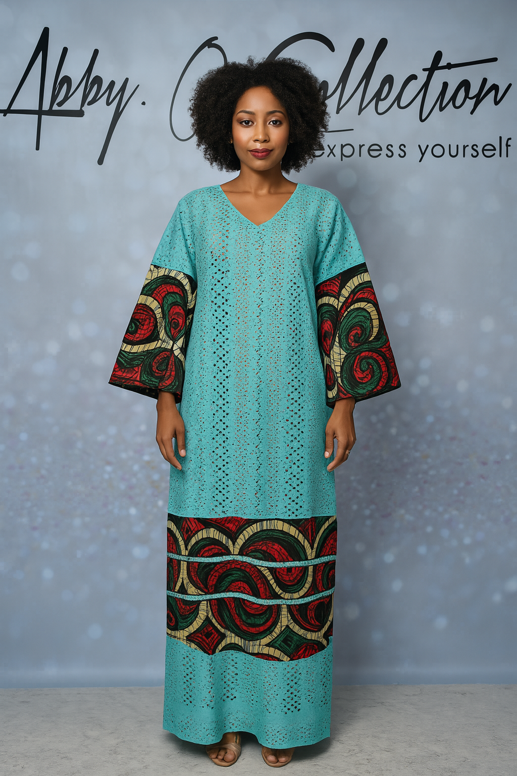 Fully Stoned Dry Lace Ankara Mix Kaftan/Boubou Gown(Teal)