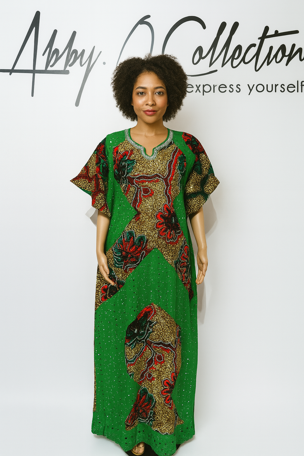 Fully Stoned Ankara Dry Lace Kaftan/Boubou Gown (Green)
