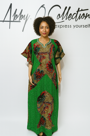 Fully Stoned Ankara Dry Lace Kaftan/Boubou Gown (Green)