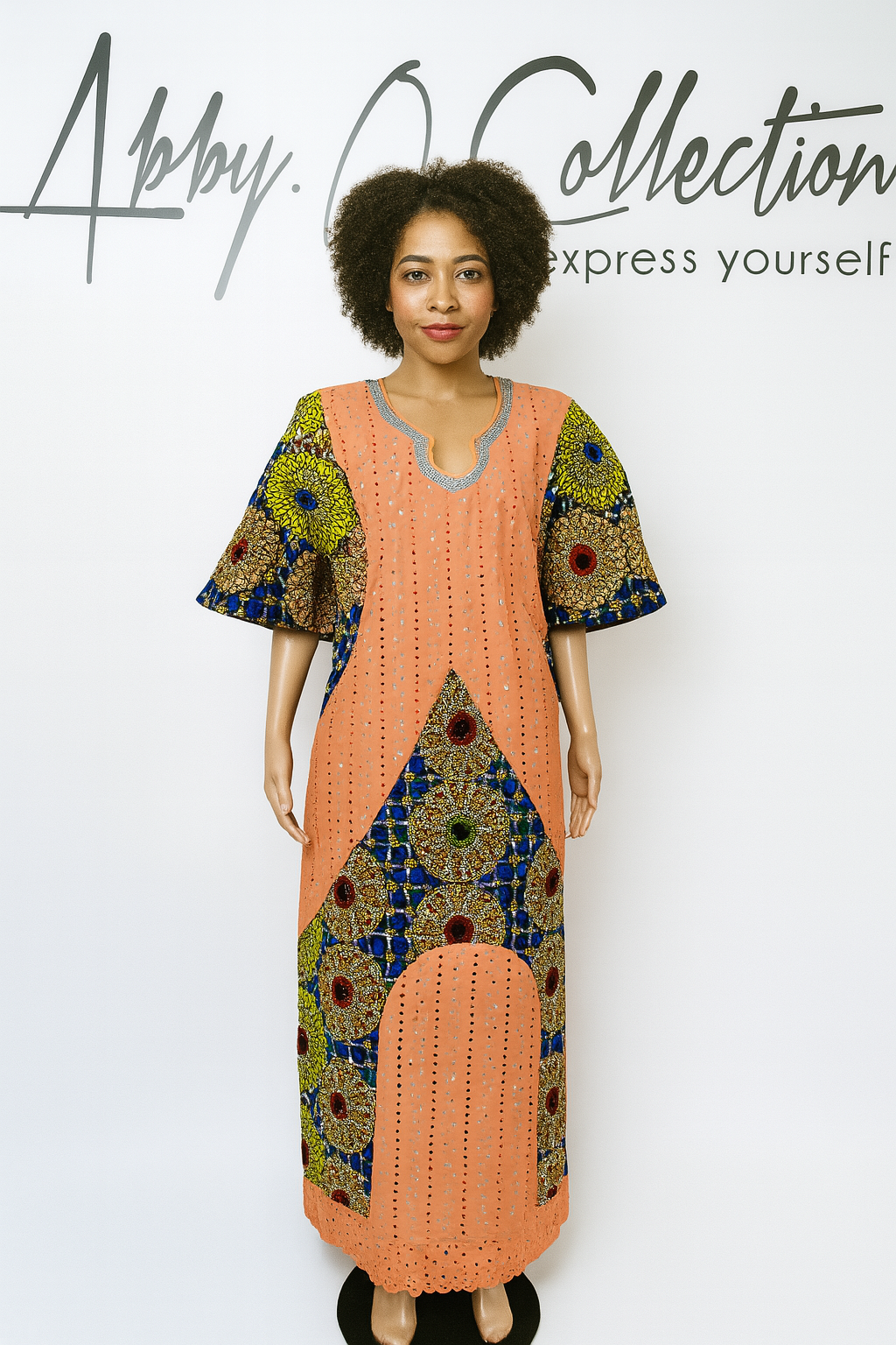 Fully Stoned Ankara Dry Lace Kaftan/Boubou Gown (Peach)