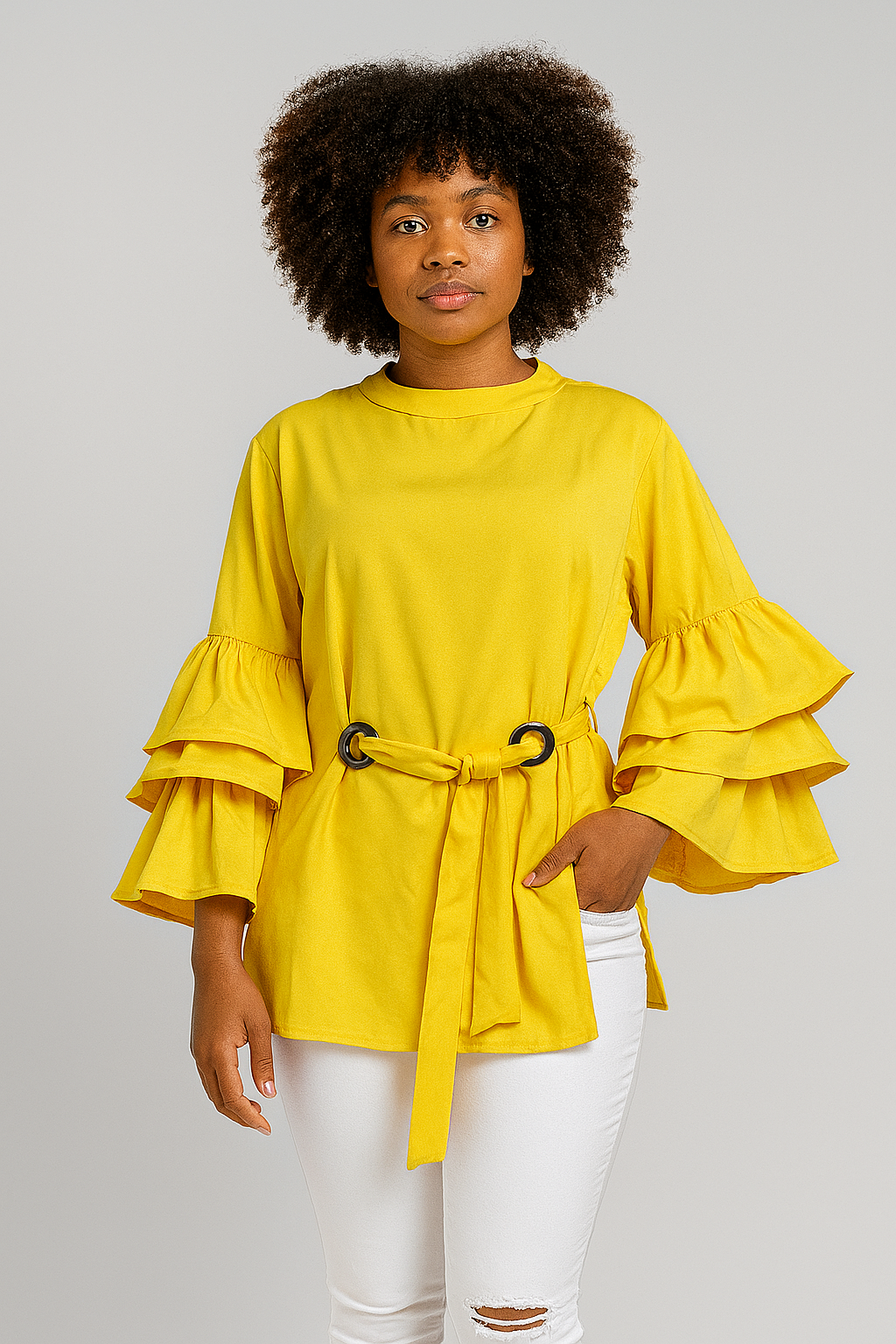 Asymmetrical Tie Front 3 Layers Bell Blouse (Yellow)