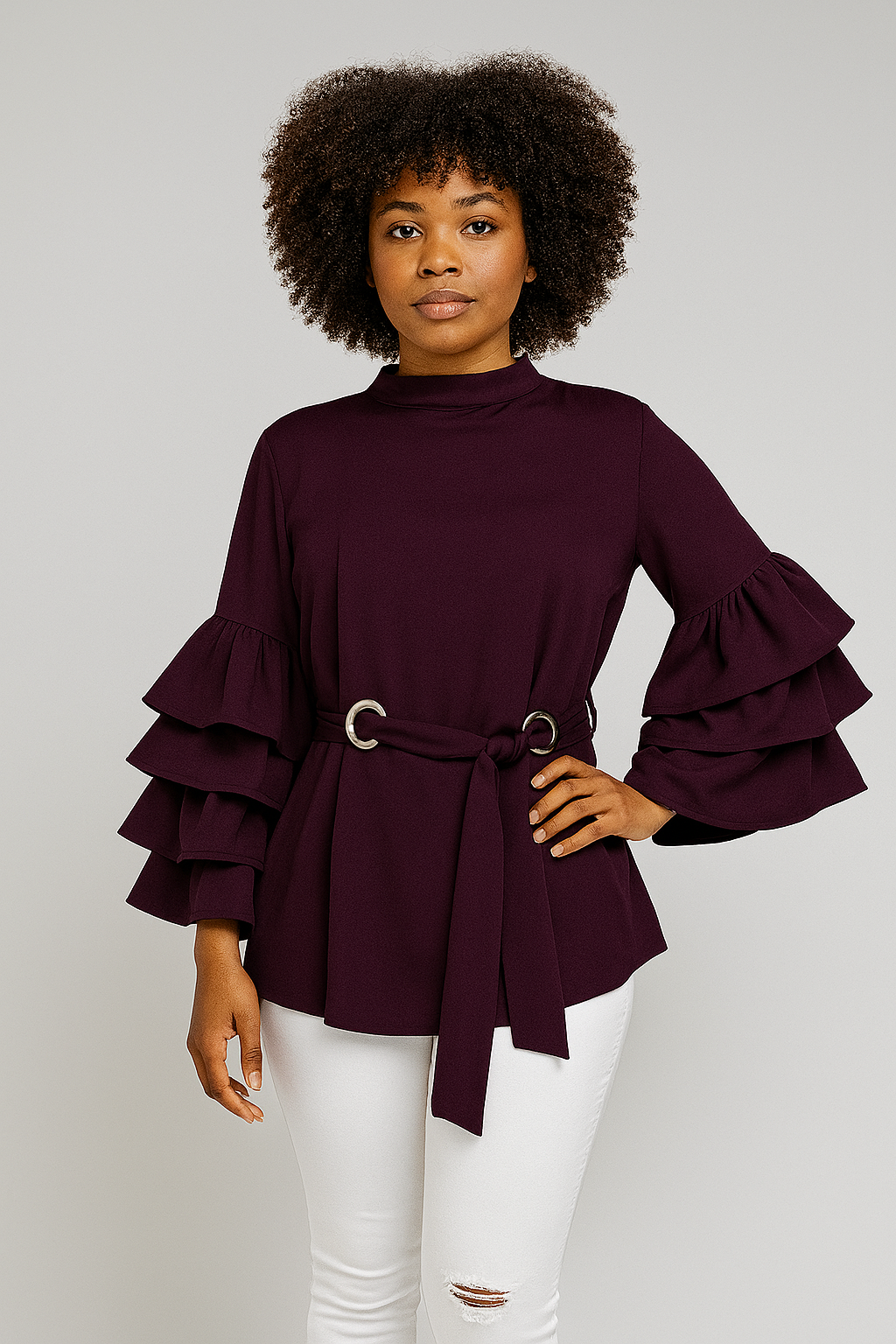 Asymmetrical Tie Front 3 Layers Bell Blouse (Purple)