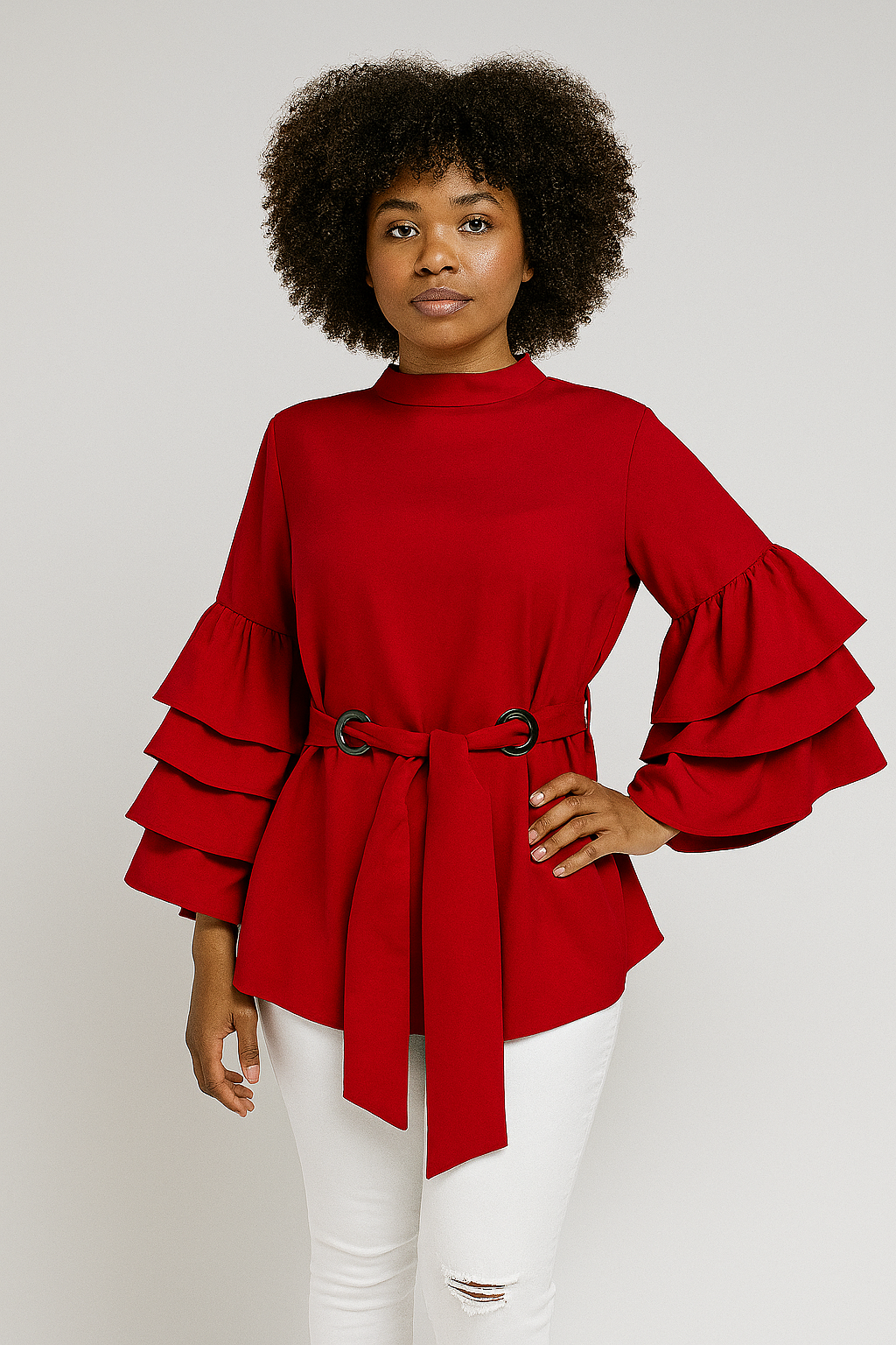 Asymmetrical Tie Front 3 Layers Bell Blouse (Red)