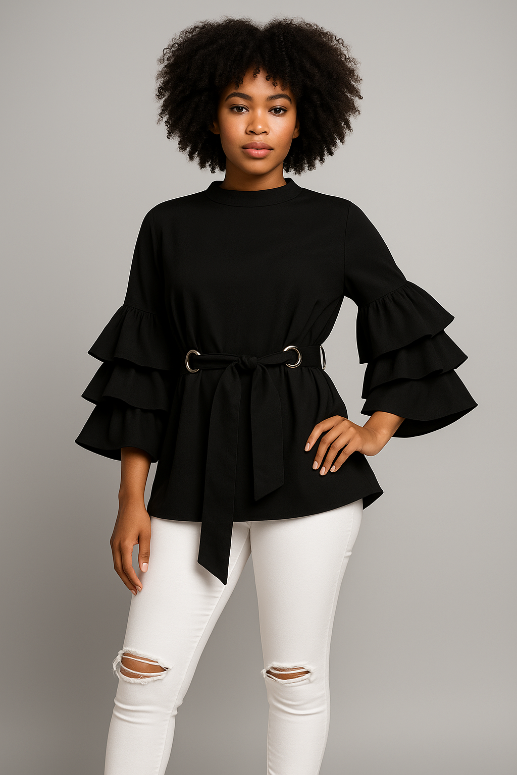 Asymmetrical Tie Front 3 Layers Bell Blouse  (Black)