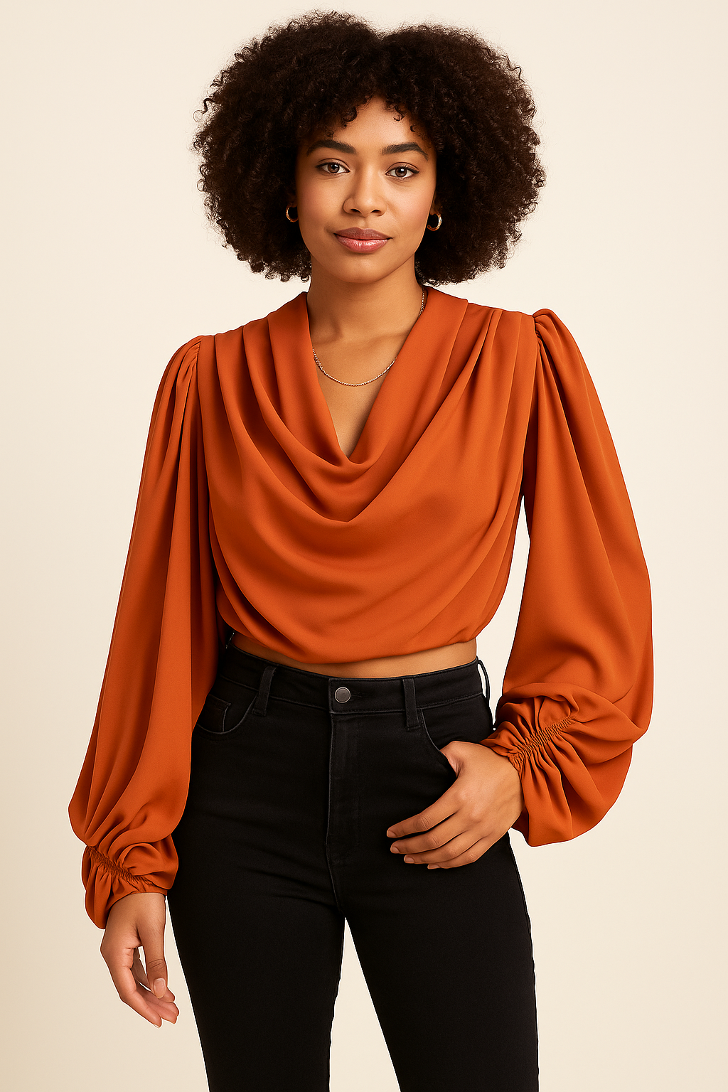 Elegant Cowl Neck Chiffon Silk Blouse( Orange)