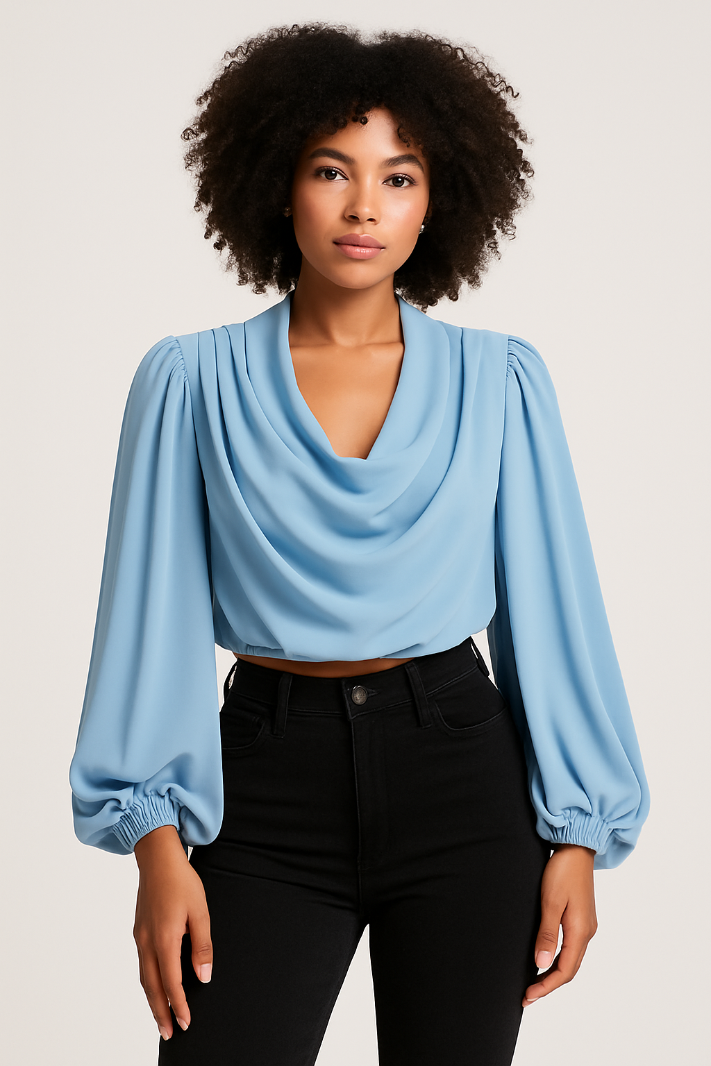 Elegant Cowl Neck Chiffon Silk Blouse ( Sky Blue)