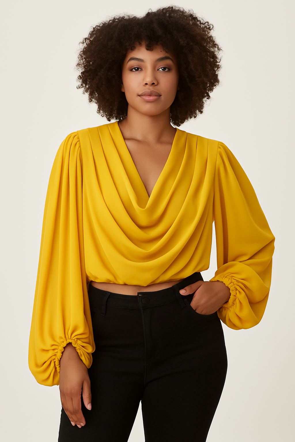 Elegant Cowl Neck Chiffon Silk Blouse ( Yellow)