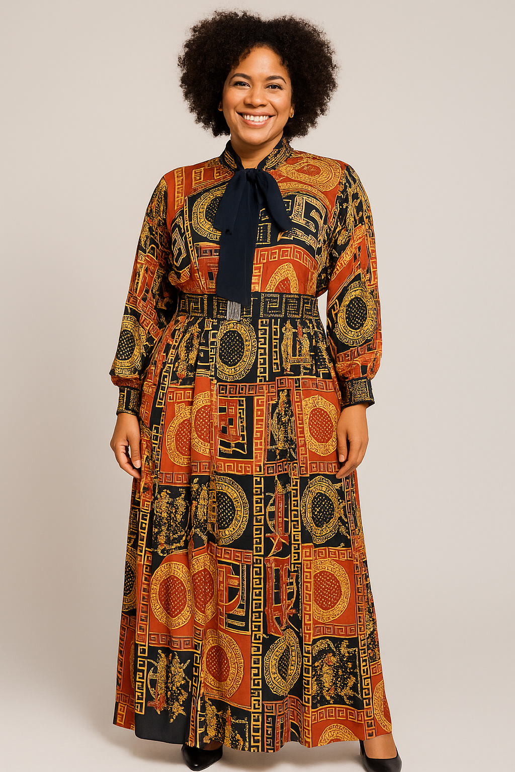 Tie Neck Pleated Maxi Dress with swarovski stones (Red)