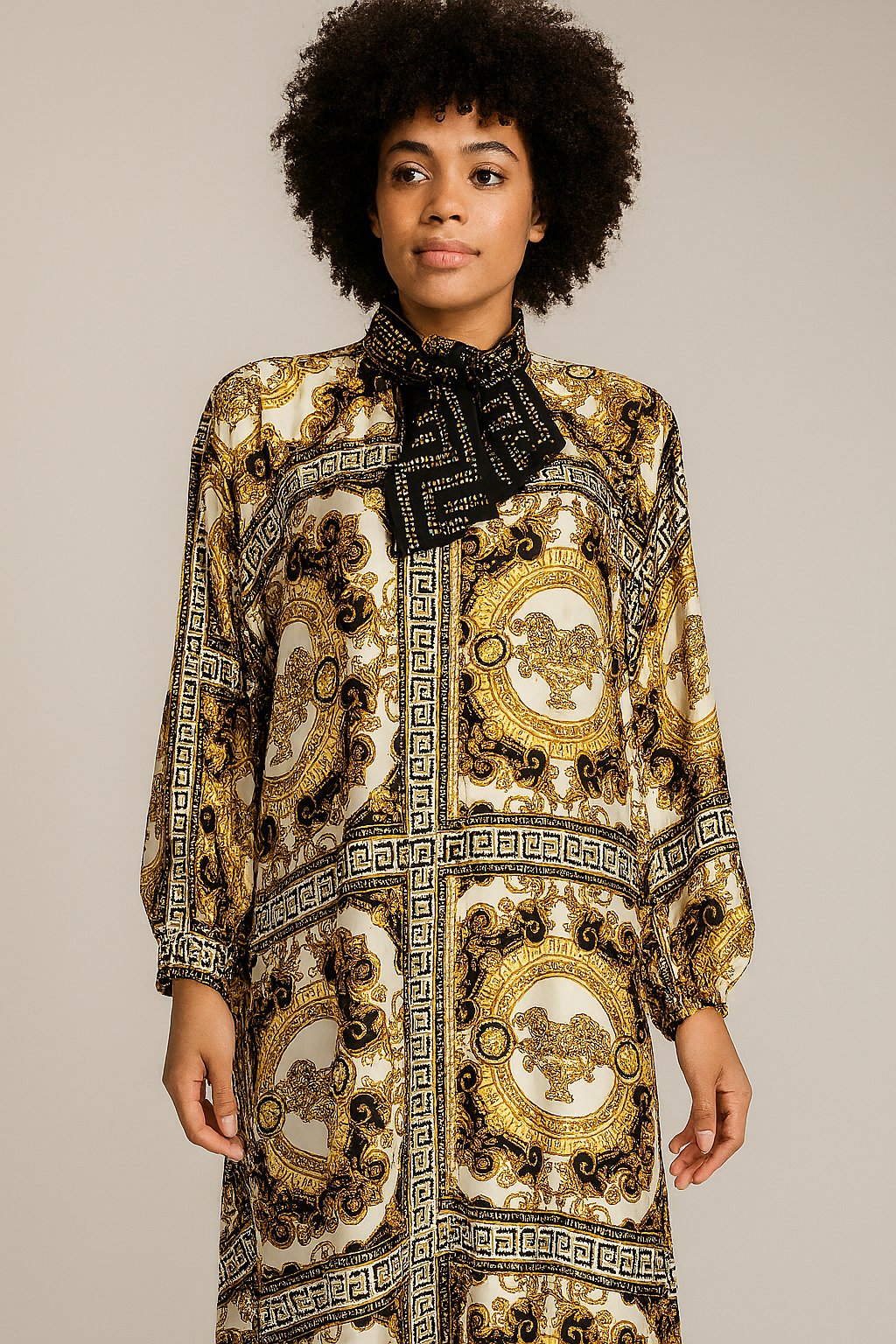 Arabian Fancy Print Neck Tie Kaftan Dress with swarovski stones