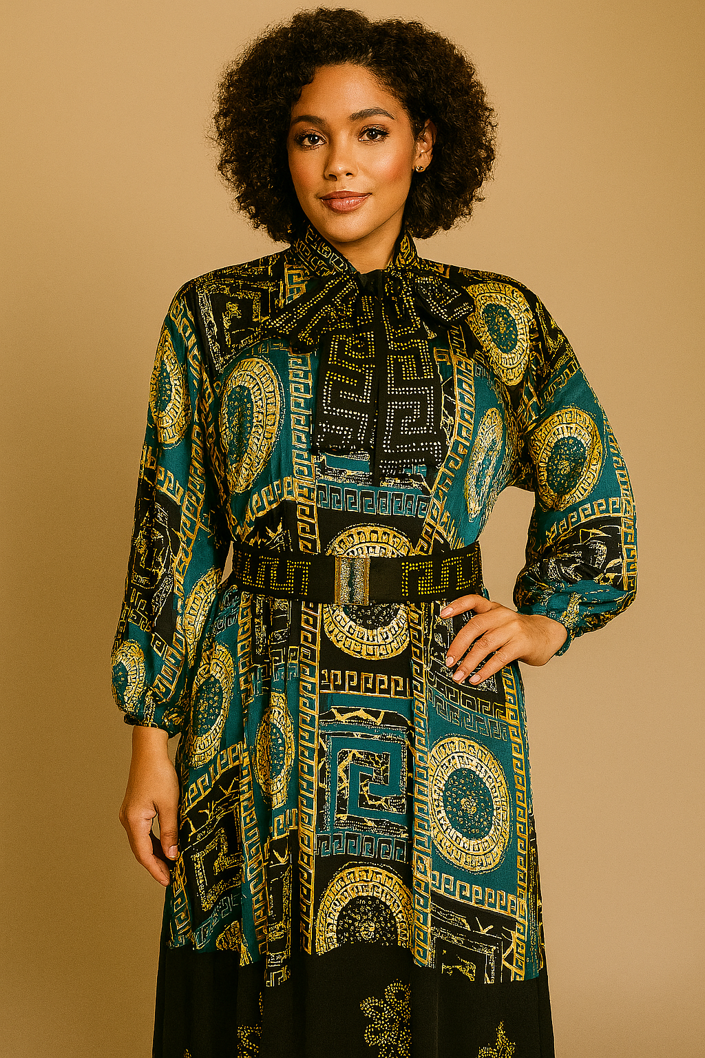 Arabian Print Neck Tie Caftan Dress with Swarovski Stones (Blue)