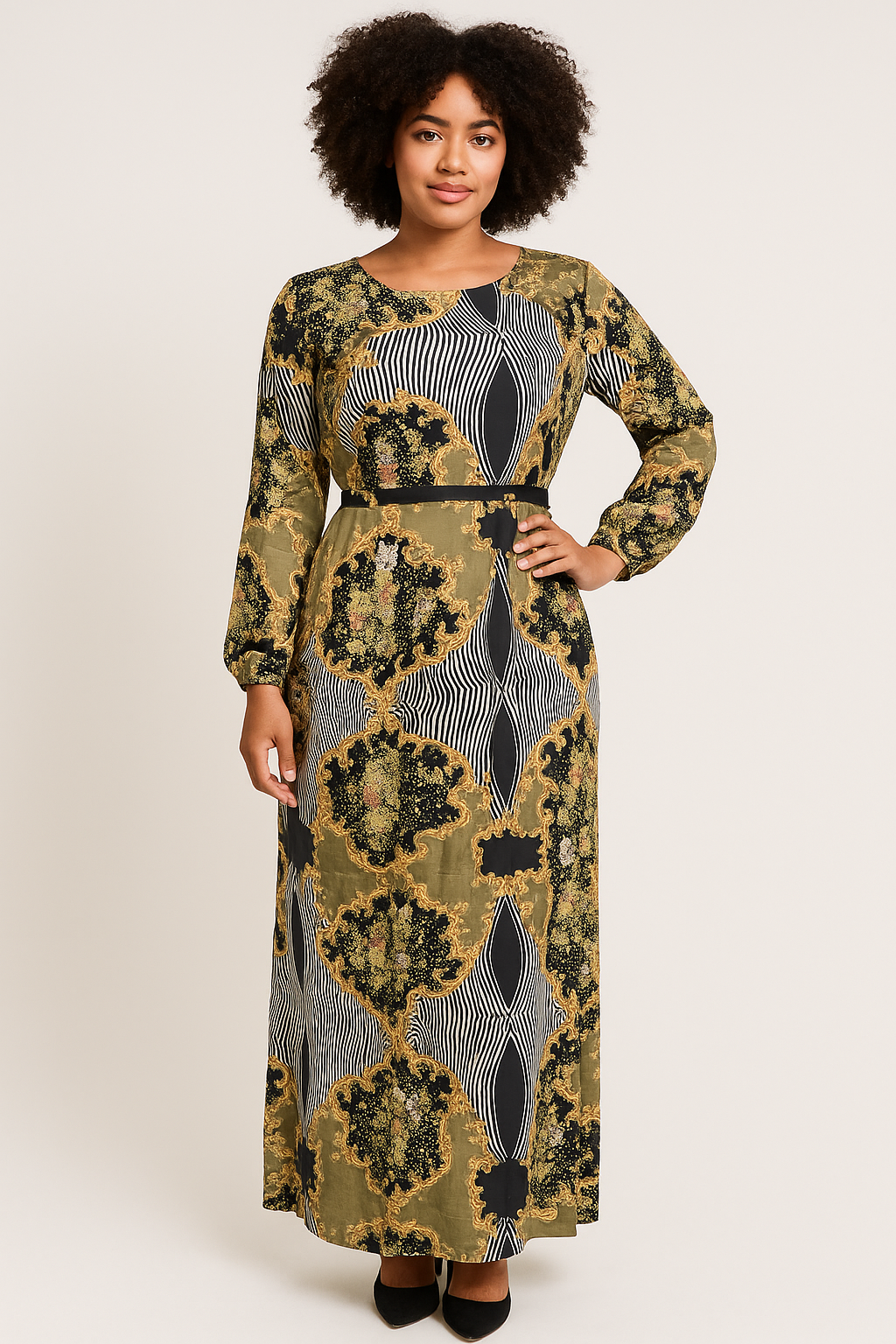 Fit & Flare Elegant Dress with swarovski stones (Olive Green)