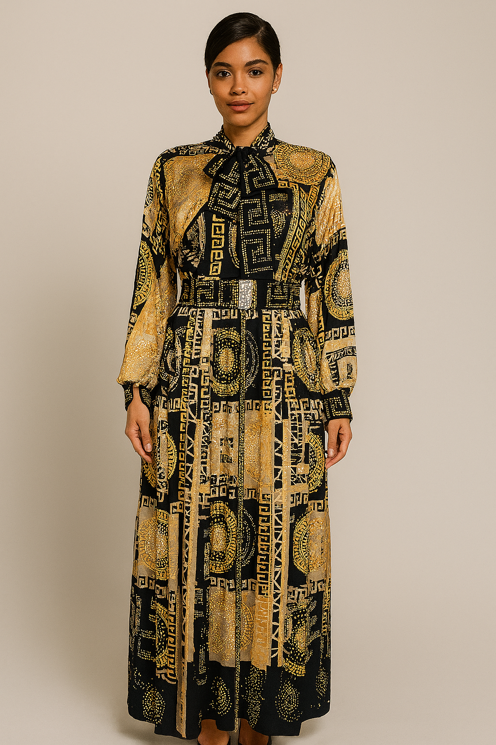 Tie Neck Pleated Maxi Dress with swarovski stones (Cream)