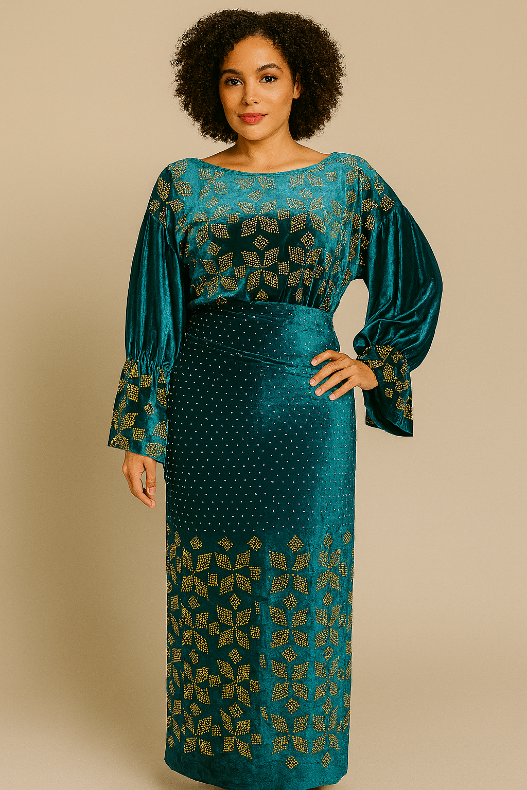 3 Pieces Elegant Italian Velvet Iro ( Wrapper)  and Top with Swarovski Stones (Aqua)