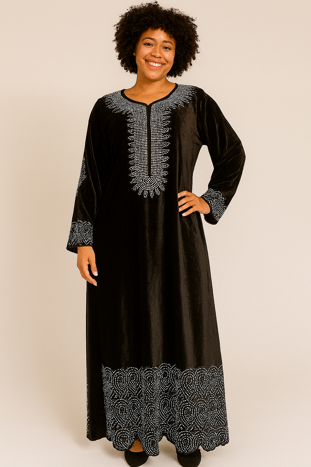Elegant Italian Velvet Caftan Dress with Swarovski Stones