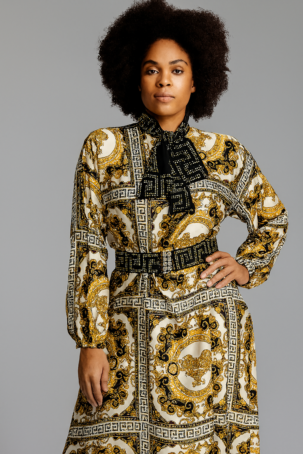 Arabian Fancy Print Neck Tie Kaftan Dress with swarovski stones