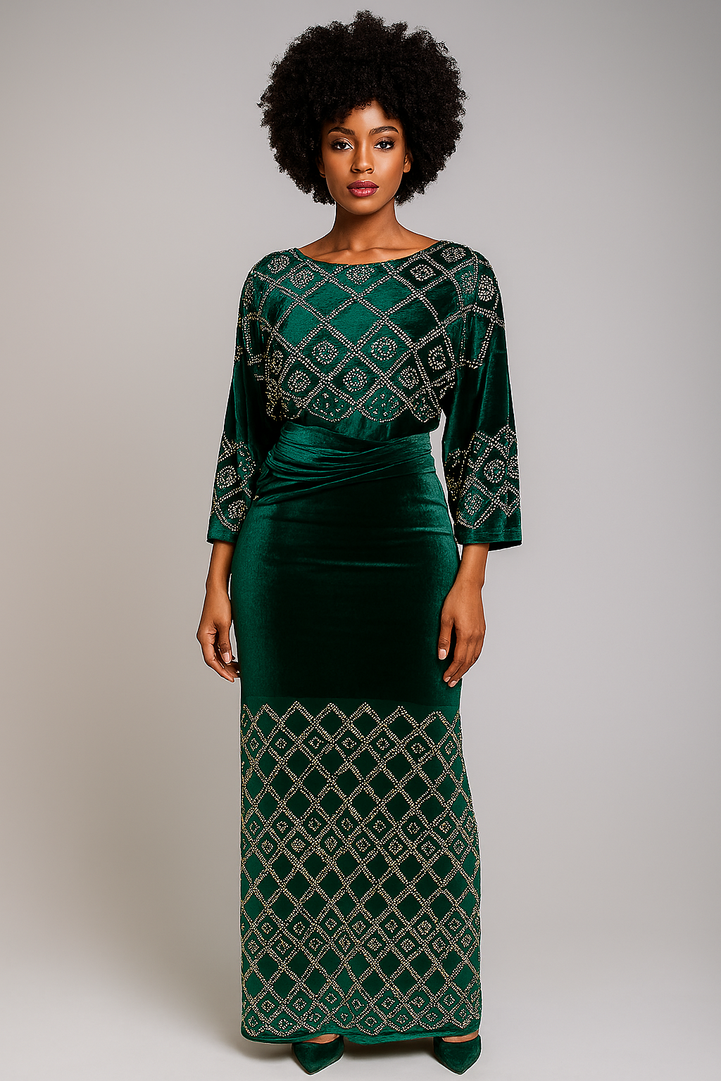 3 Pieces Elegant Italian Velvet Iro ( Wrapper)  and Top with Swarovski Stones (Green)