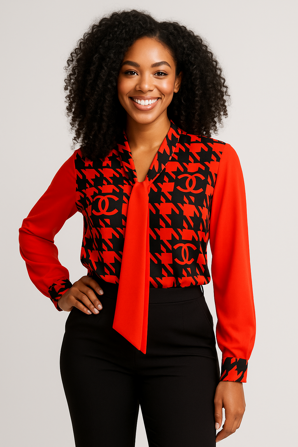 Tie-Neck Printed Chiffon Blouse