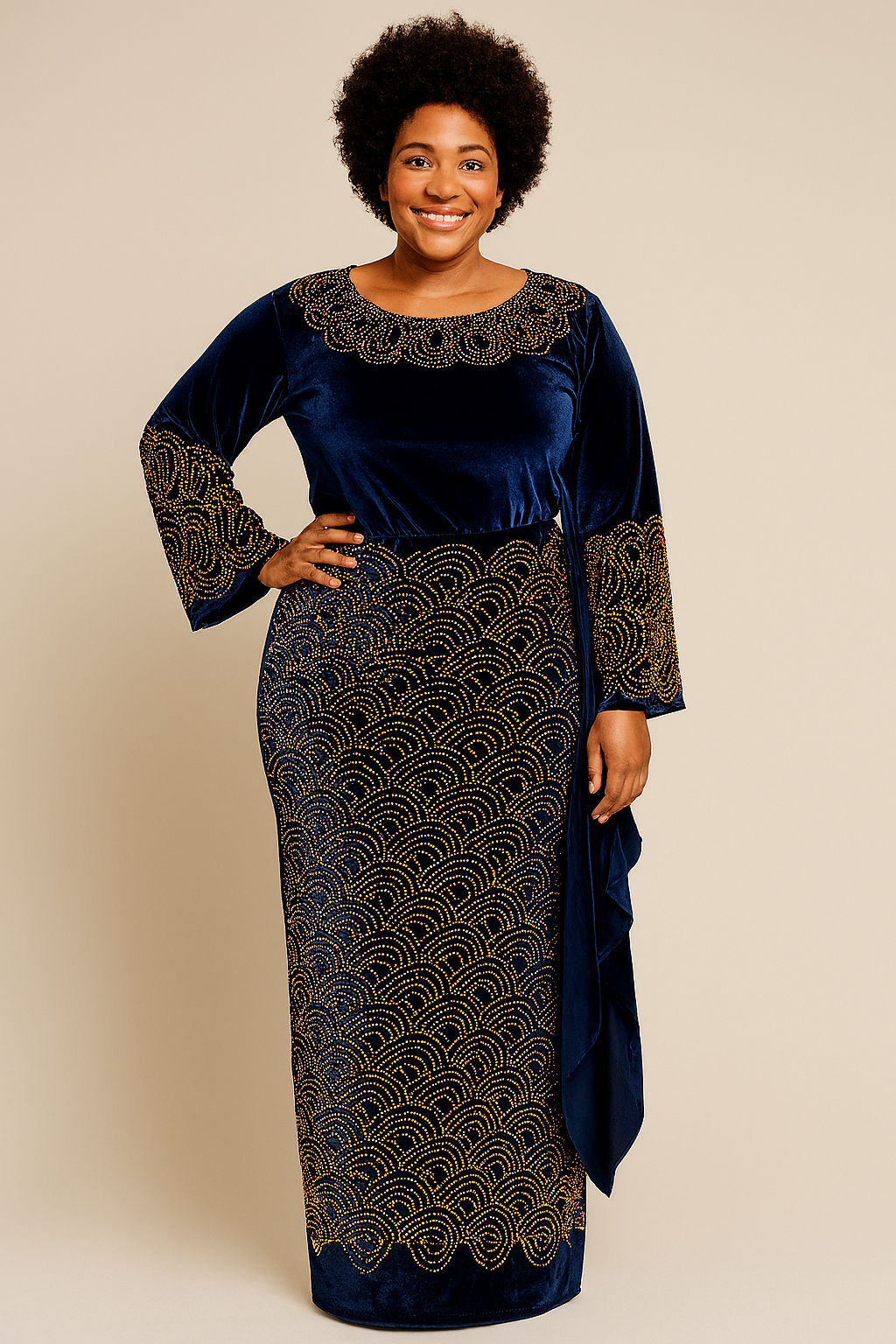 3 Pieces Elegant Italian Velvet Iro ( Wrapper)  and Top with Swarovski Stones (Navy Blue)