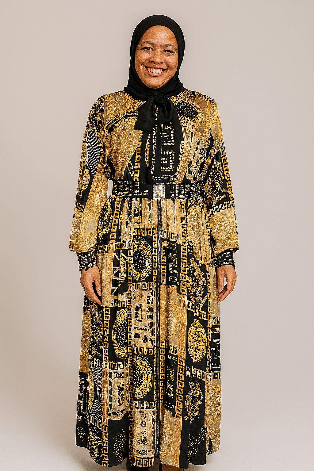 Tie Neck Pleated Maxi Dress with swarovski stones (Cream)