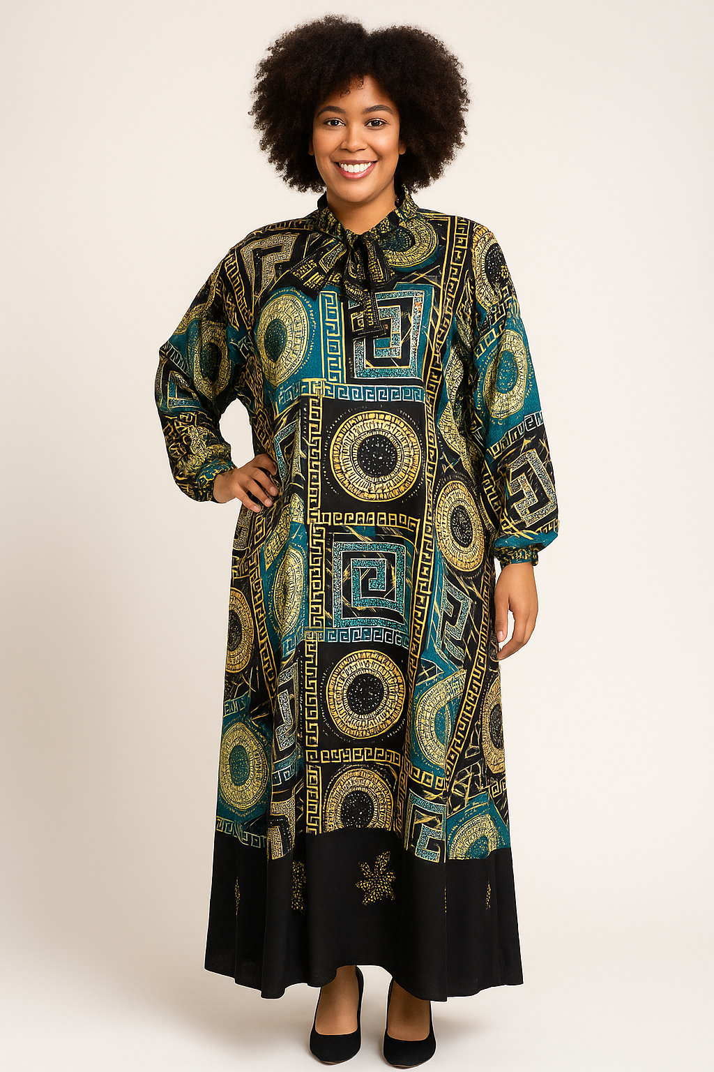 Arabian Print Neck Tie Caftan Dress with Swarovski Stones (Blue)