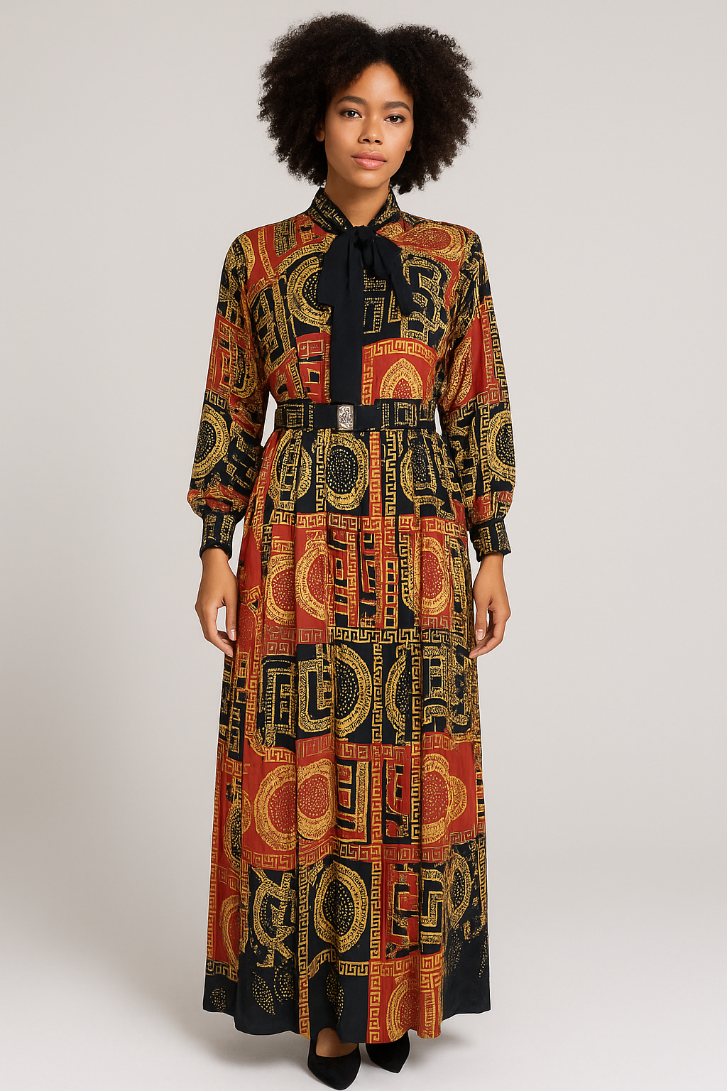 Tie Neck Pleated Maxi Dress with swarovski stones (Red)