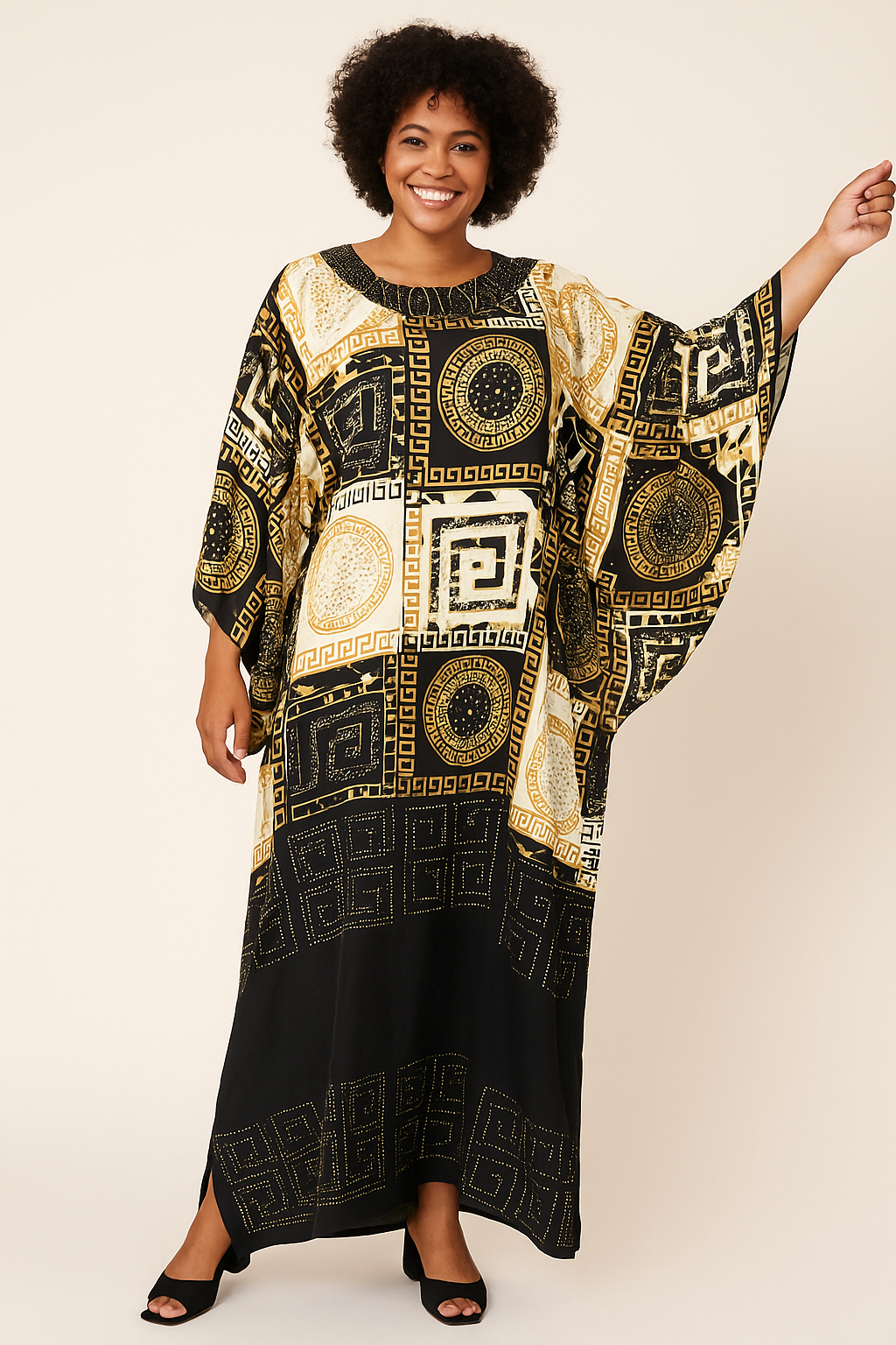 Batwing Arabian Print Kaftan Dress with swarovski stones