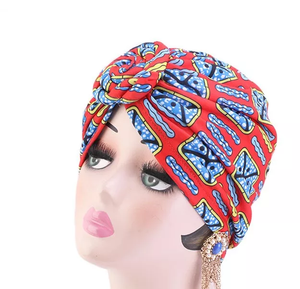 Pre-tied Turban headwrap Print (Red/Blue)
