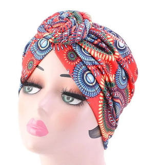 Pre-tied Turban headwrap Print (Red/Brown)