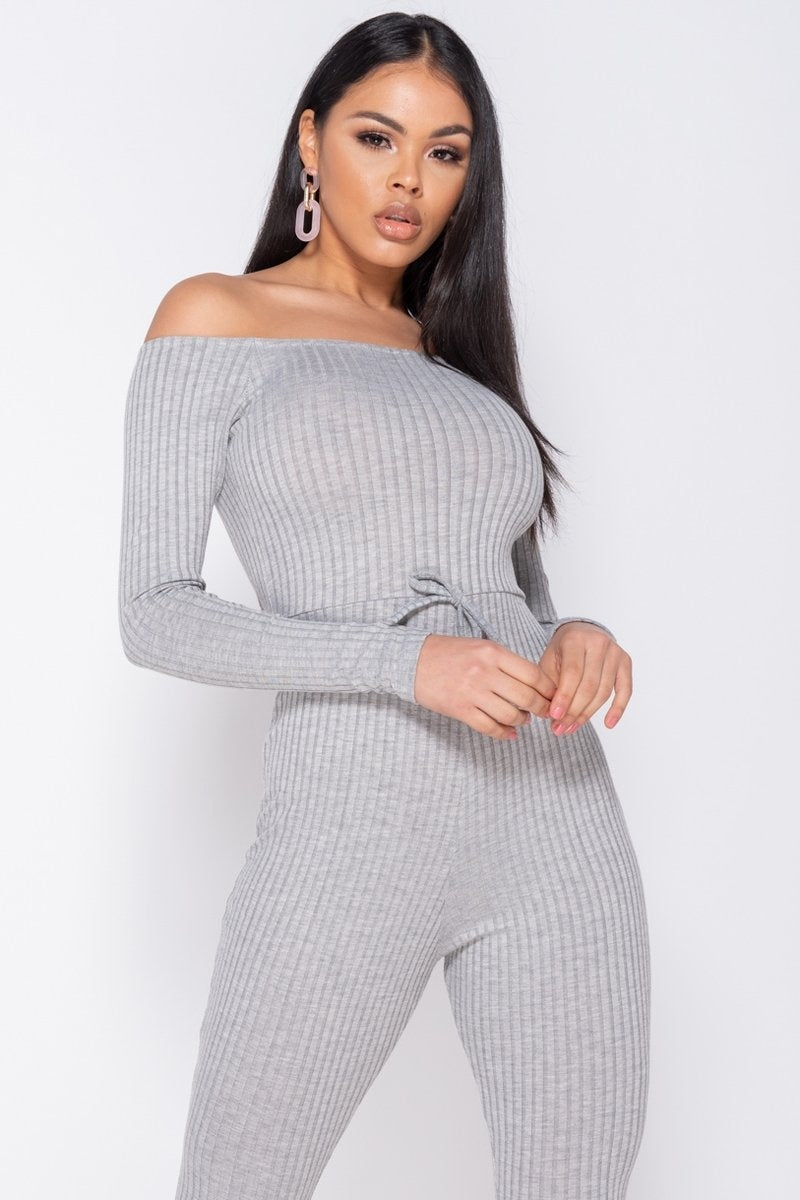 Grey Long Sleeve Bardot Jumpsuit