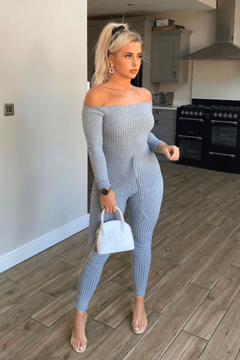 Grey Long Sleeve Bardot Jumpsuit