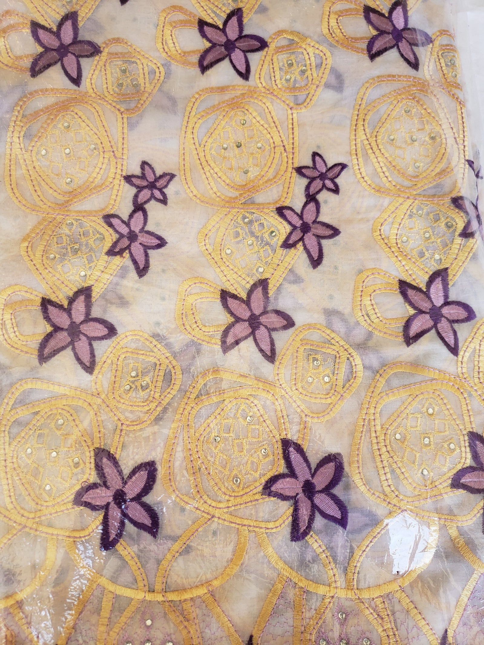 African Swiss voile lace (purple/gold/white)