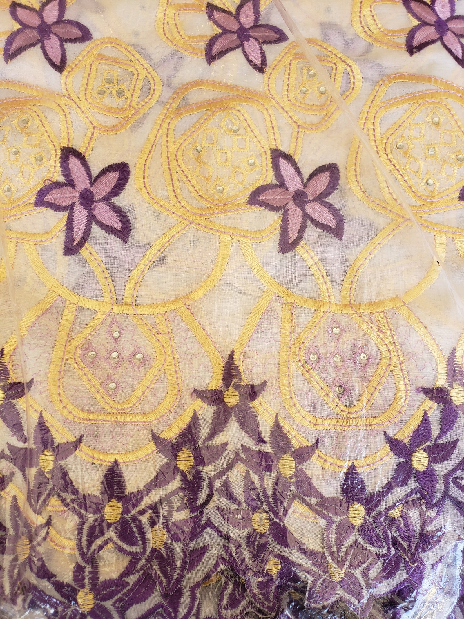 African Swiss voile lace (purple/gold/white)