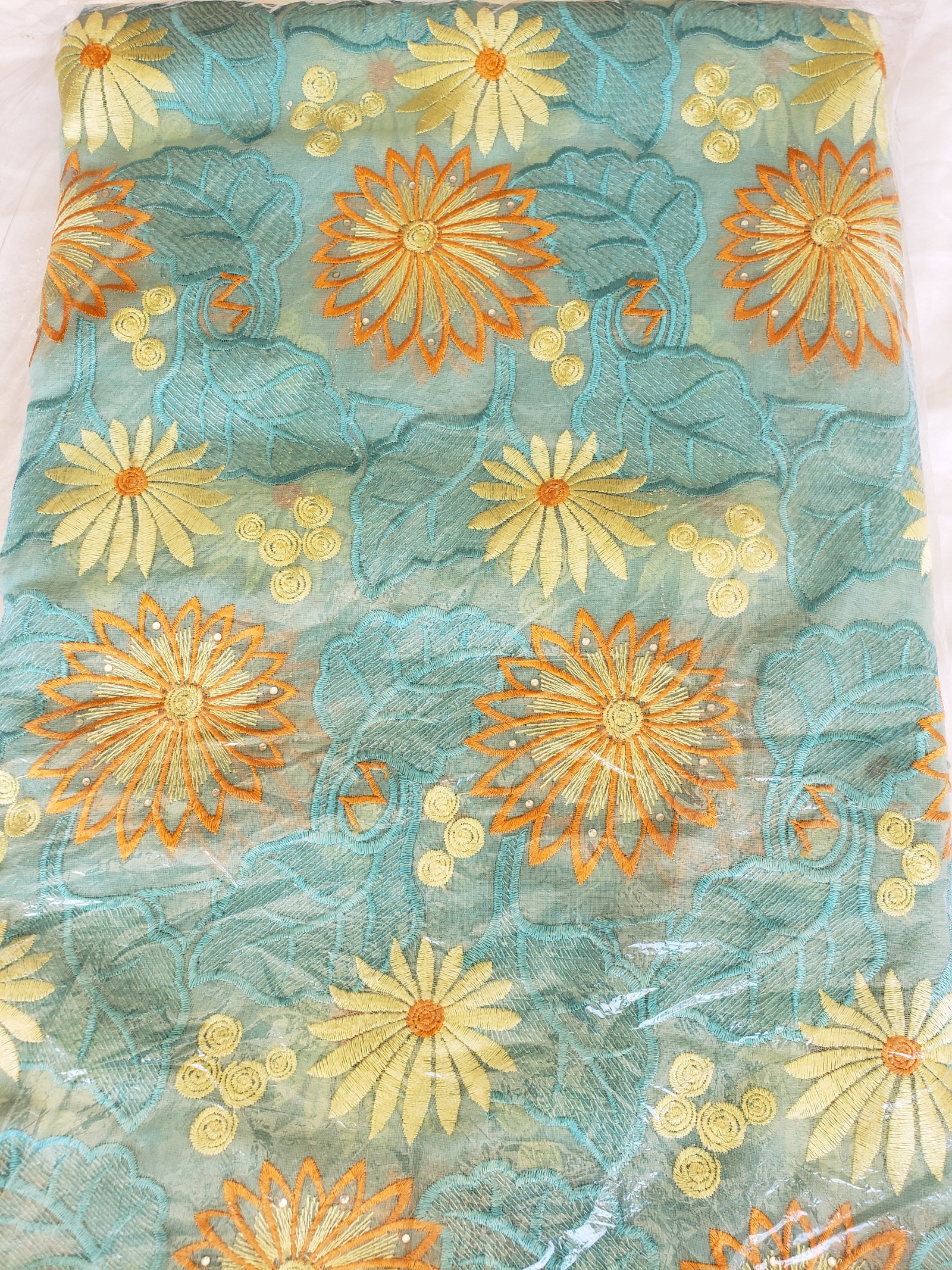 African Swiss voile lace (yellow/orange/mint green)