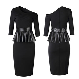 One Shoulder off midi black dress with Leather peplum