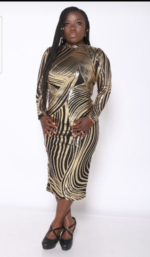 Round Neck long Sleeve Sequins Midi Dress