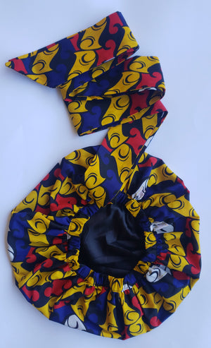 3-in-1 Ankara Head Tie bonnet ( blue/yellow/red)