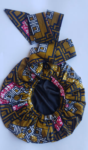 3-in-1 Ankara Head Tie bonnet ( brown/black/pink)