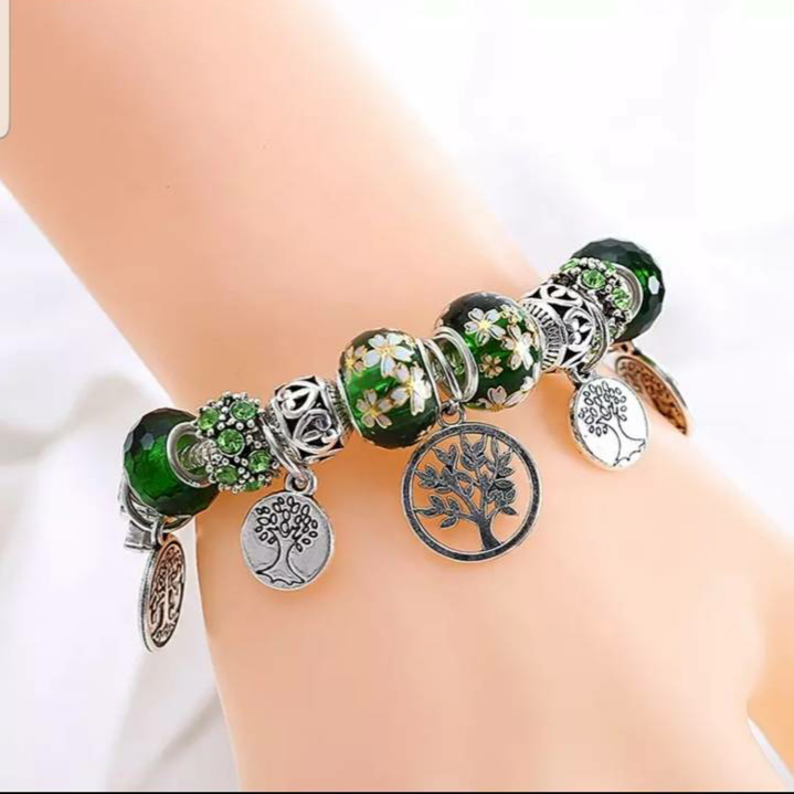 Tree of Life Green and Silver Charm Bracelet