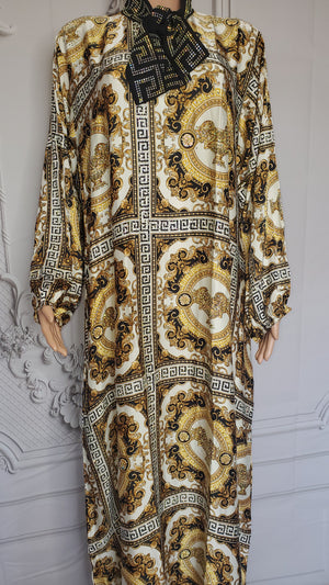 Arabian Fancy Print Neck Tie Kaftan Dress with swarovski stones