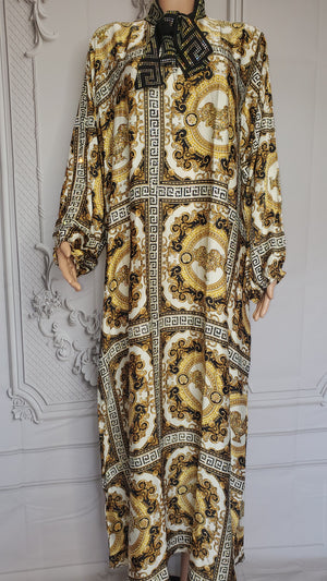 Arabian Fancy Print Neck Tie Kaftan Dress with swarovski stones