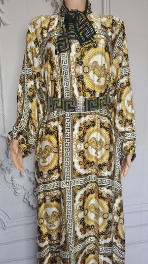 Arabian Fancy Print Neck Tie Kaftan Dress with swarovski stones